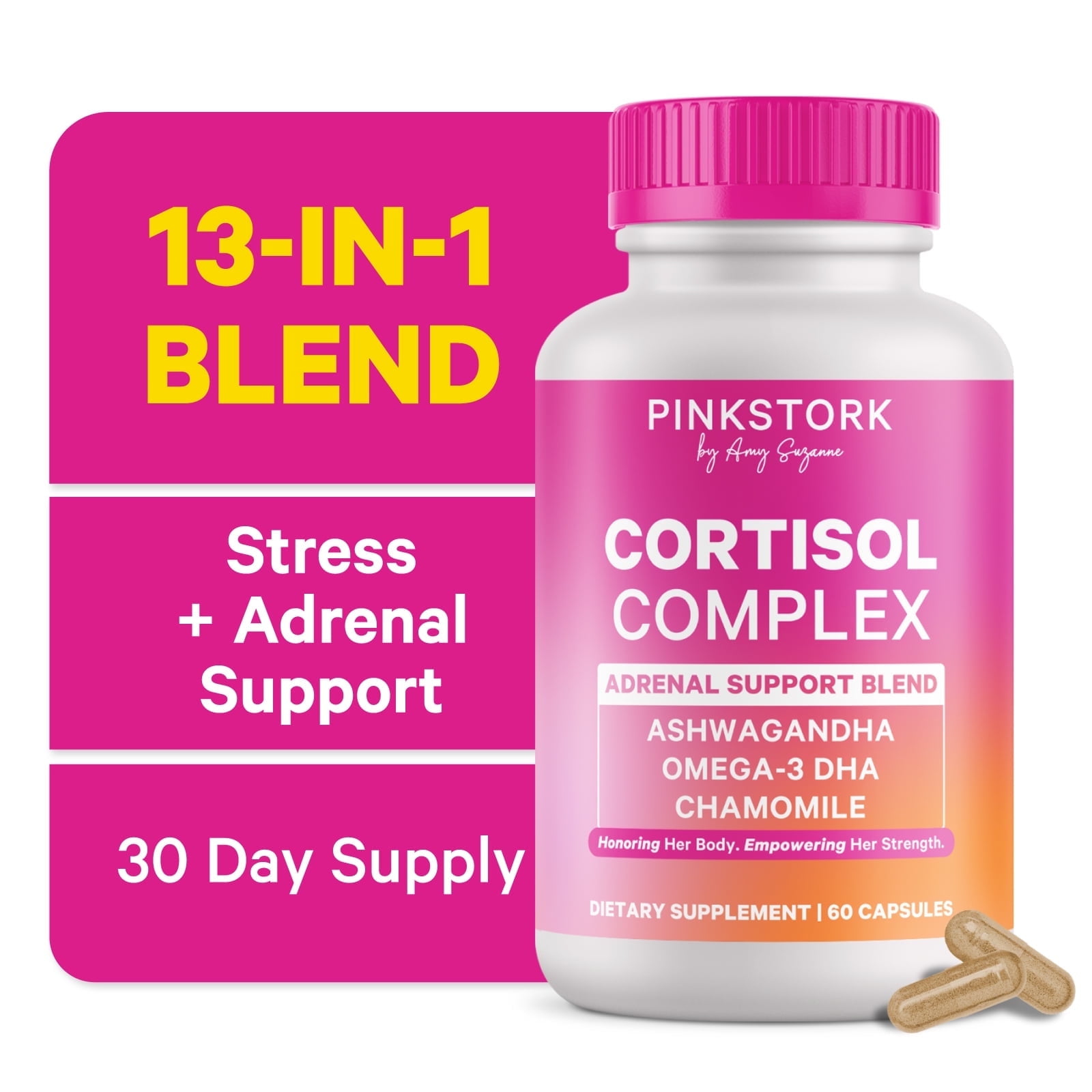Pink Stork Cortisol Complex: Organic Ashwagandha, Omega 3 DHA, Chamomile - Mood and Stress Management for Women - 60 Count