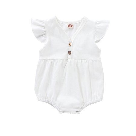 

Kuriozud Baby Girl Solid Color V-Neck Fly Sleeve Ruffled Botton Down Romper