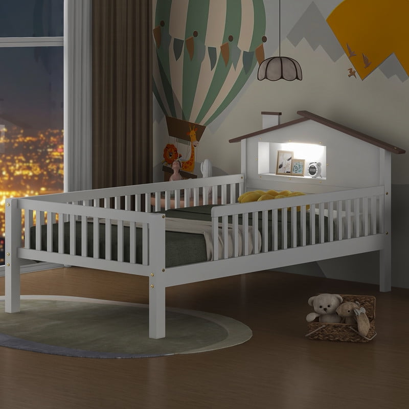 Bellemave Twin Bed with House-Shaped Headboard and Guardrail, Wood Platform Bed Frame Built-in Storage and LED Light, Twin Size Bed No Box Spring Needed (White)