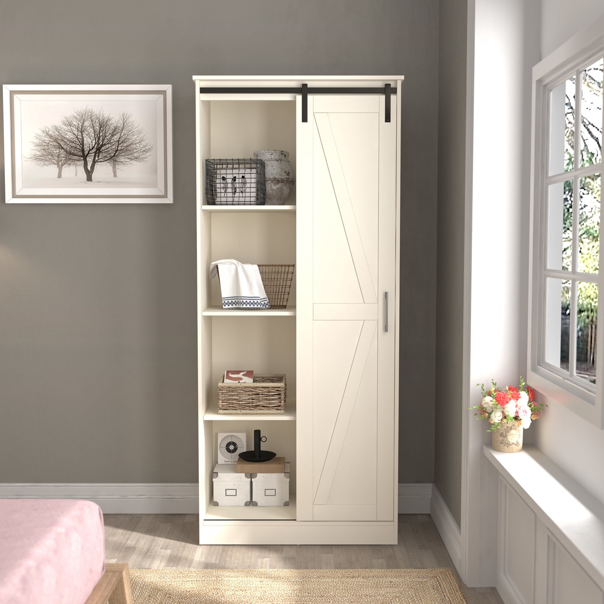 Woven Paths Shelton Wood Kitchen Pantry with 1 Sliding Barn Door, Ivory