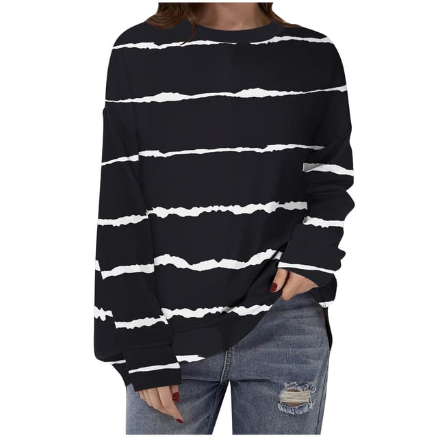 WRKEKC Chandail en Molleton Mode Tendance pour Femmes, Chandail à Manches Longues Col Rond avec Motifs Uniques pour Style Décontracté Mode Urbaine Noir P