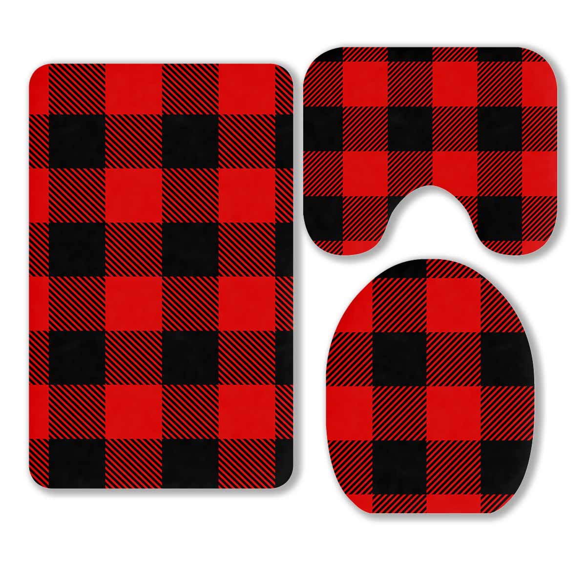 PKQWTM Red And Black Lumberjack Plaid Pattern 3 Piece Bathroom Rugs Set