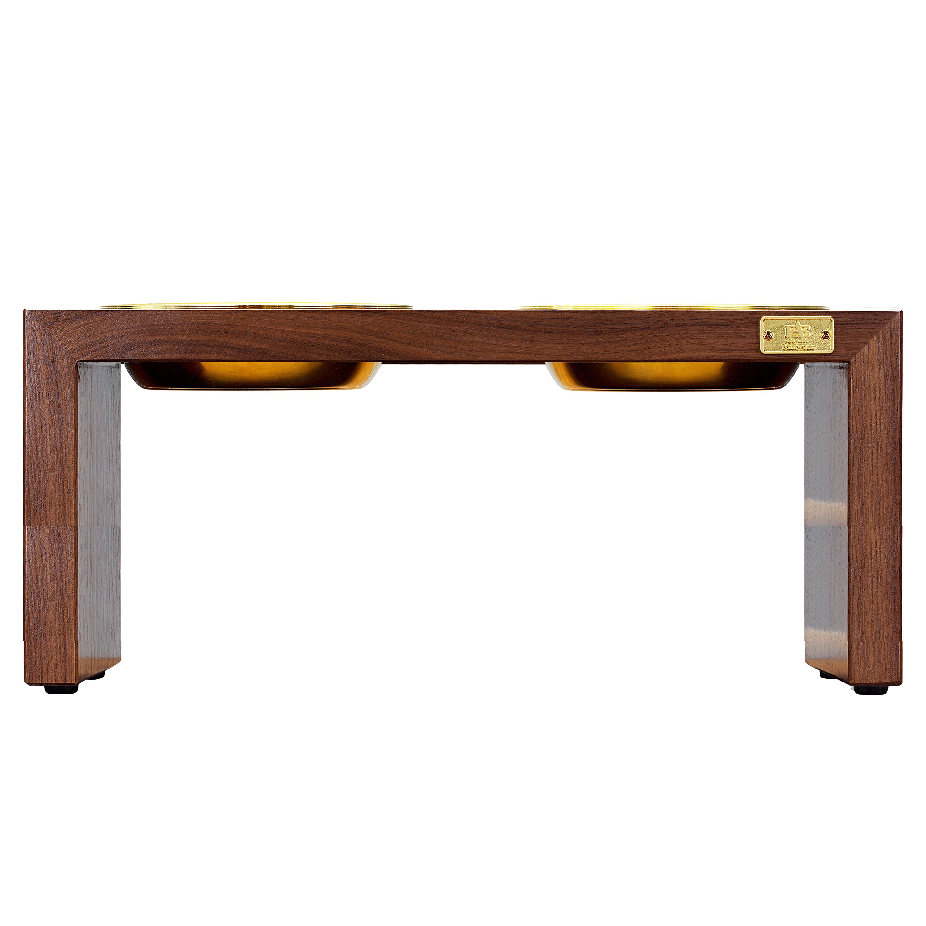 Pet Double SIlver Bowl Feeder Luxury Walnut Wood Station Large