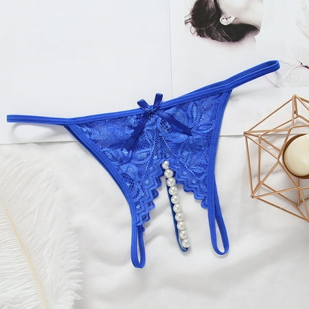 BYHONG Women s Pure Color Sexy Lace Crotchless Panties with Transparent Beads and Massage Function Panties for Women Blue M