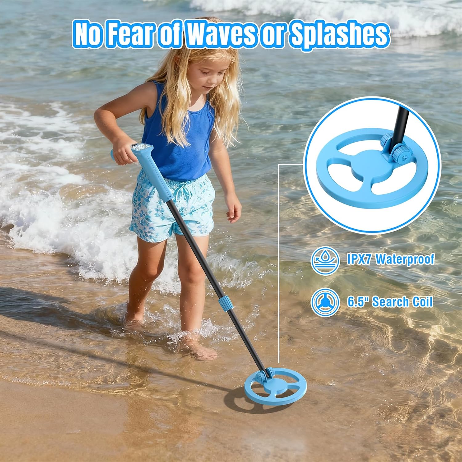 Raddy MD65K Metal Detector for Kids, Adjustable & Lightweight Kids Metal Detector for Treasure Hunting, IPX7 Waterproof 6.5" Coil, Fun LCD Display, for Boys & Girls Ages 3–12, Blue