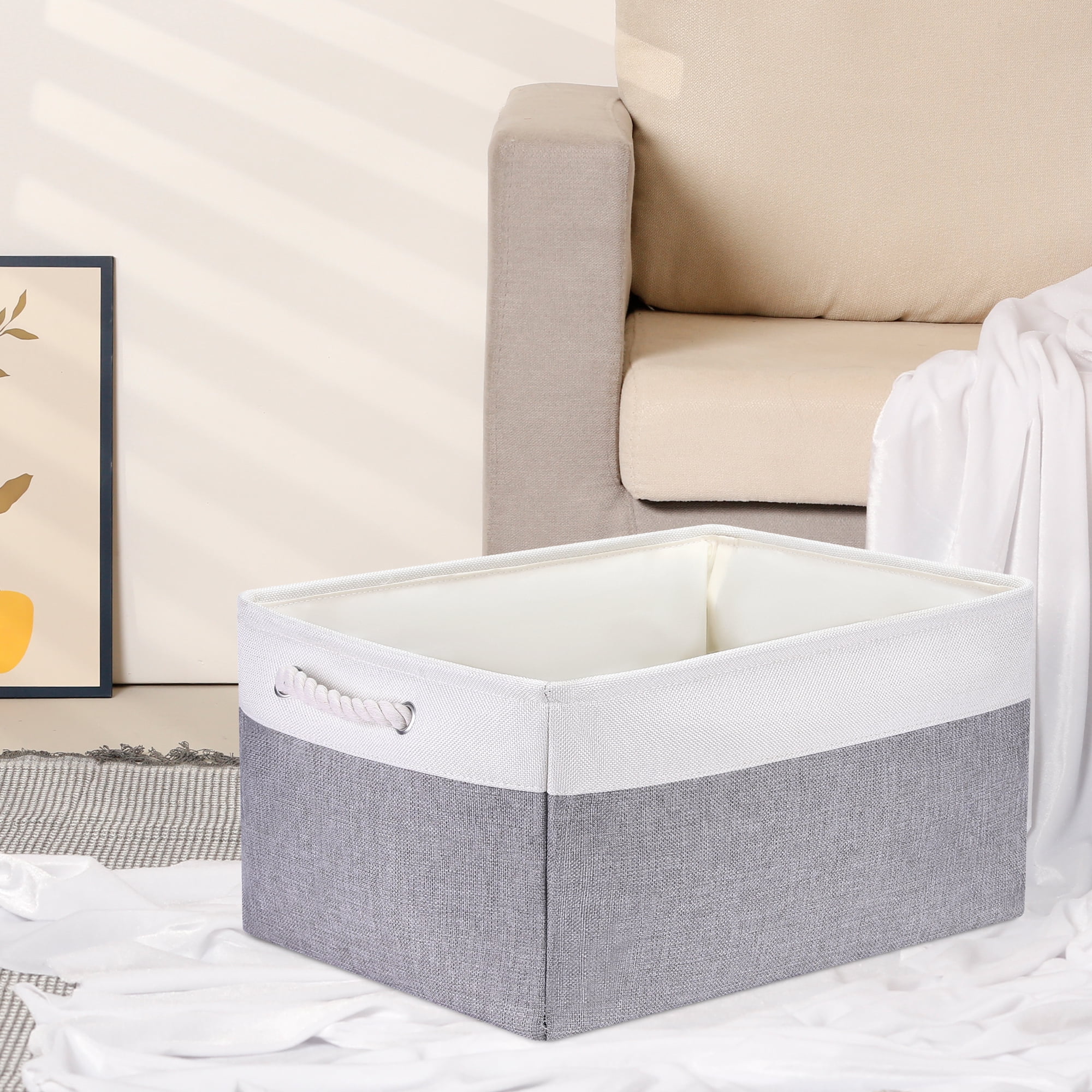 Unique Bargains Fabric Storage Cube Storage Bin Storage Basket Grey/White 19.7*15.7*12in