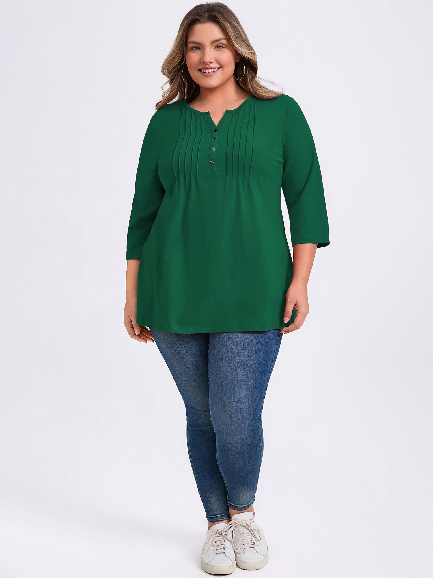 Women's Plus Notched Neck 3/4 Sleeve Front Pleated Button Decor Blouses Dressy Casual 1X Dark Green