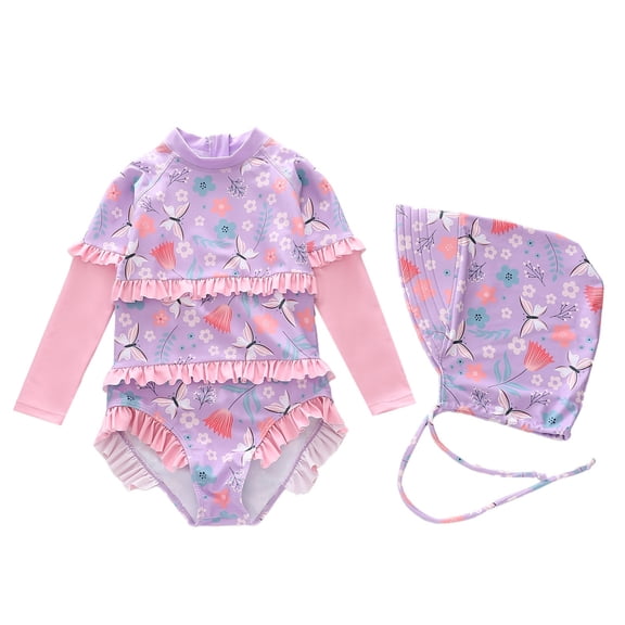 HAYIMI Swimwear Girls Swimsuit Flower Printed Swimsuit Long Sleeve Floral Print Ruffled Pattern For Small Medium And Large Children Cartoon Holiday Summer Kids Beach Bathing Suit
