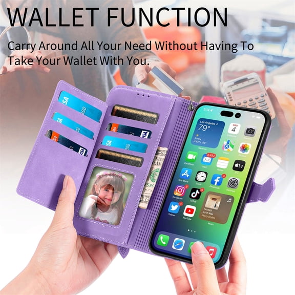 For iPhone 17 Pro Max (6.9", 2025 release) Flip Wallet Case with Wrist Strap, Multiple Card Slots, Zippered Pocket, Stand, Cute Embossed Flower Protective Lightweight PU Leather Shell Cover, Purple