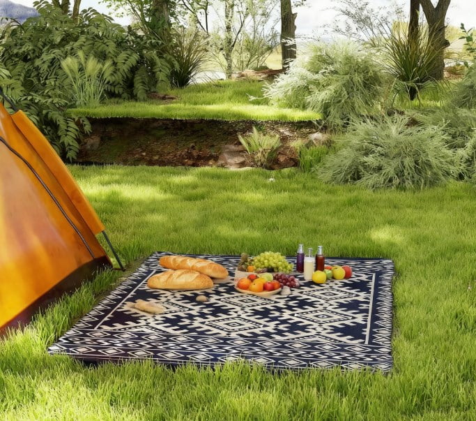 8' x 10' Blue & White Rhombus Border Reversible Outdoor Rug, Waterproof Patio Camping Mat with Carry Bag, Foldable Portable RV Carpet
