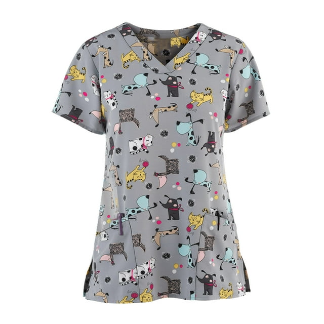 RKSTN Hauts à Manches Courtes Col en V pour Femmes Uniforme de Travail Blouse à Imprimé Dessin Animé
