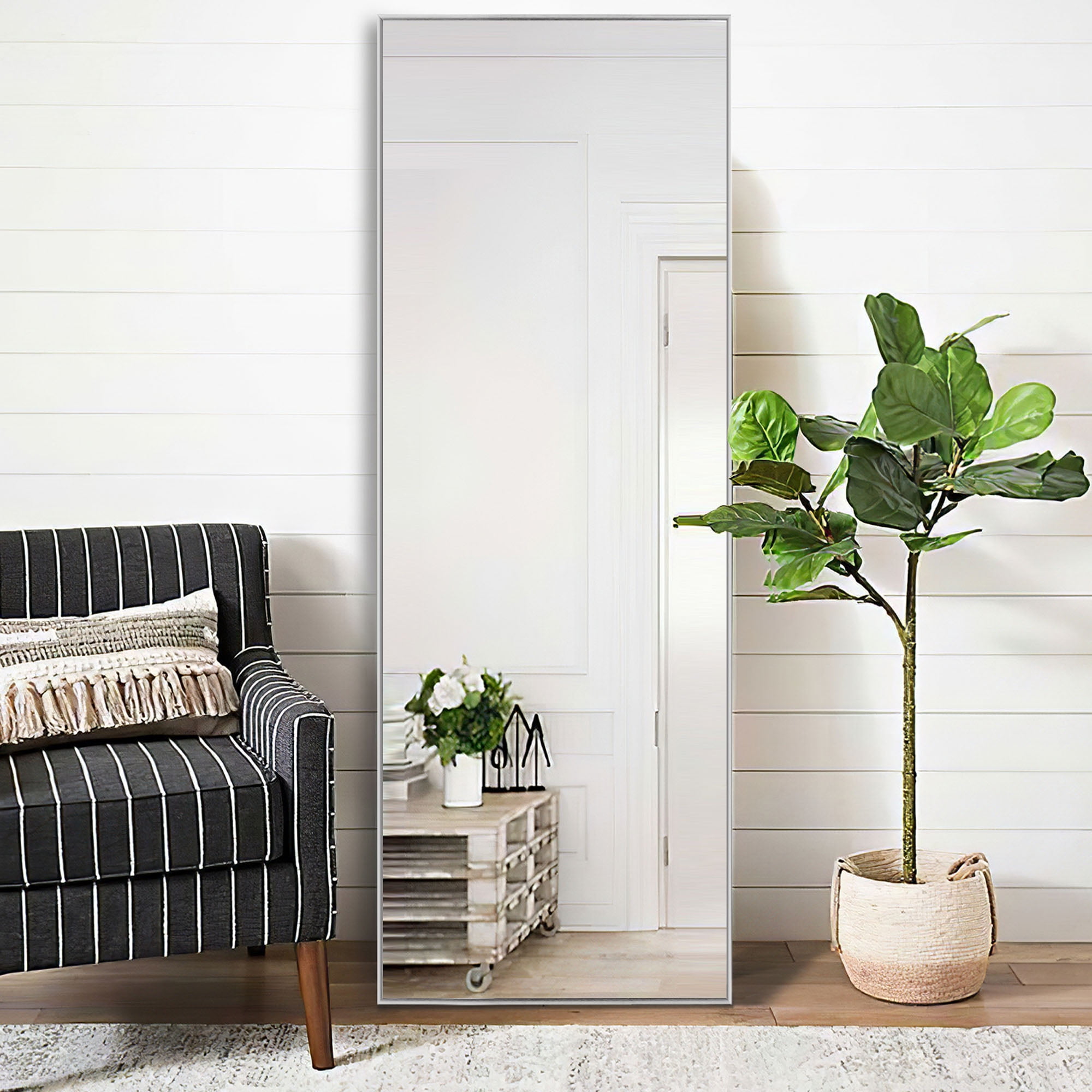 Full Length Floor Mirror Wall Mounted Rectangle Silver 62