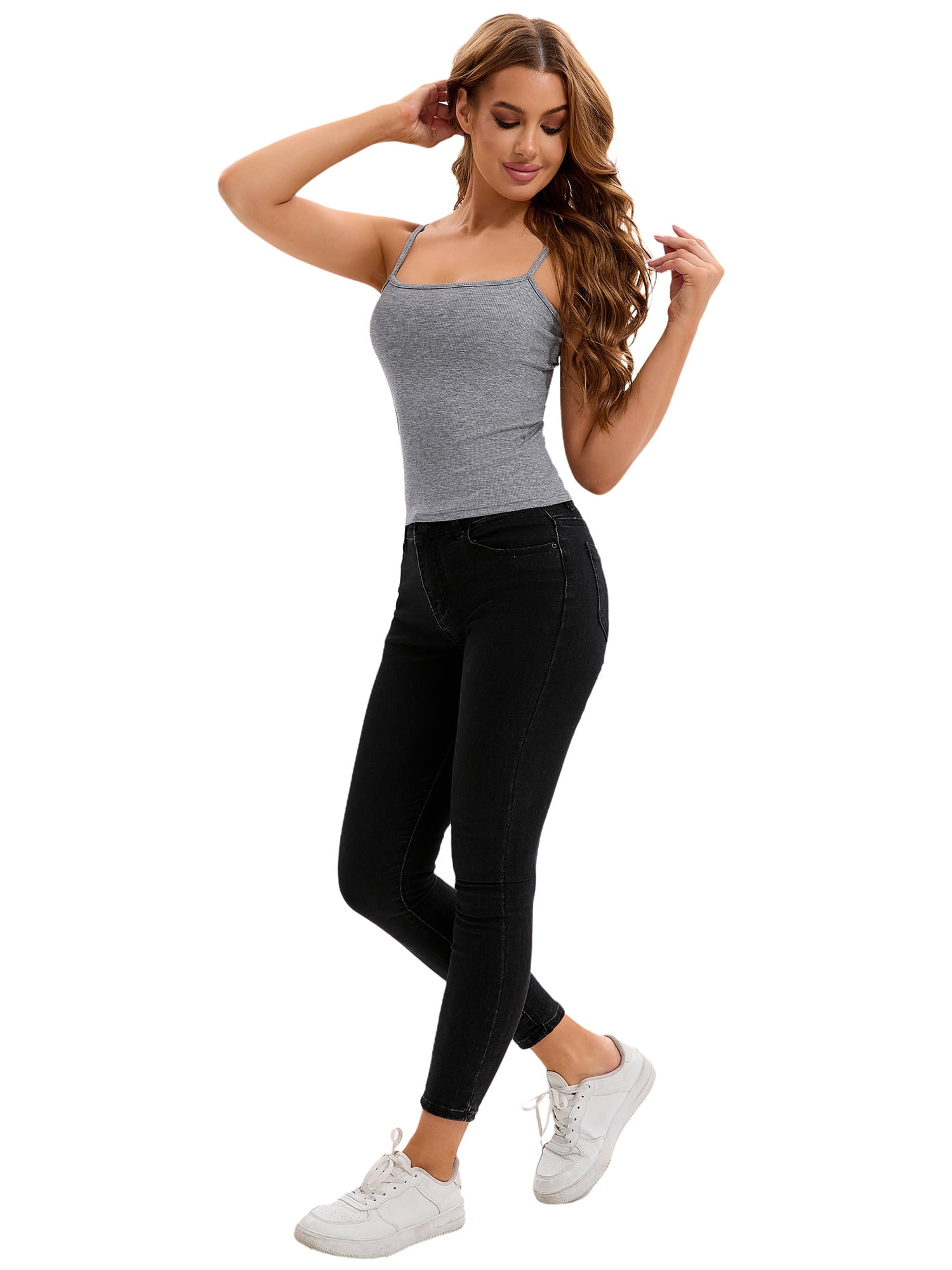 Unique Bargains Women's Spaghetti Strap Tank Top Basic Undershirt Ribbed Camisole M Grey