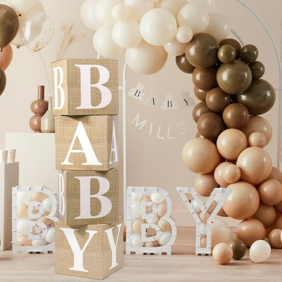 Voircoloria Baby Boxes AJH3with Letters for Baby Shower, 4pcs Balloon Boxes with Printed Letters for Gender Reveal Birthday Wedding Baby Shower Decorations(Burlap)