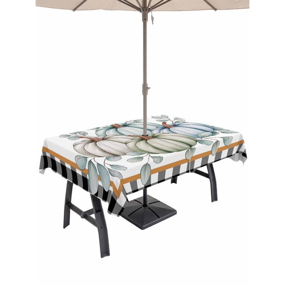 Outdoor Tablecloth with Umbrella Hole and Zipper, Fall Pumpkins Rectangle Table Cloth 52x70 Inch Waterproof Tablecloth, Teal Blue Grey Thanksgiving Black Plaid Polka Dot Picnic Table Cover for Patio