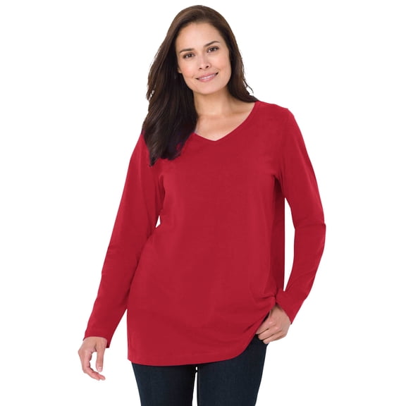 Woman Within Plus Size Perfect V-neck Long Sleeve Tee T-Shirt