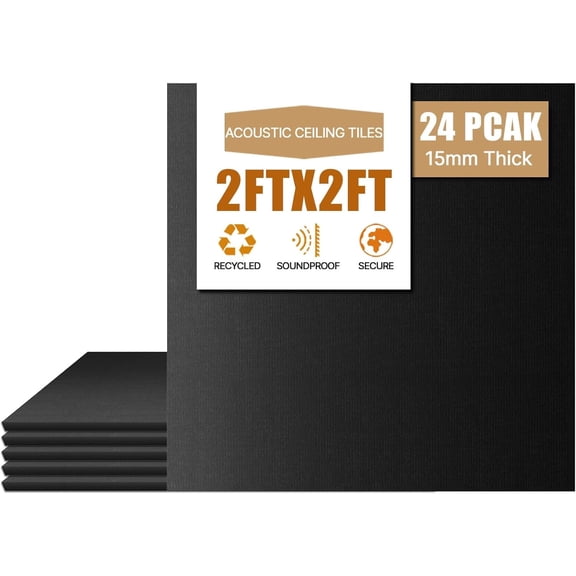 LooYee 24 PCS Black Fiberglass Acoustic Ceiling Tiles Reduce Light Reflection 2X2 Ft Soundproof Ceiling Panels 0.59" Thick Moisture Proof Fire Resistant Ideal for Home Theater Basement Cover 96 Sq.Ft