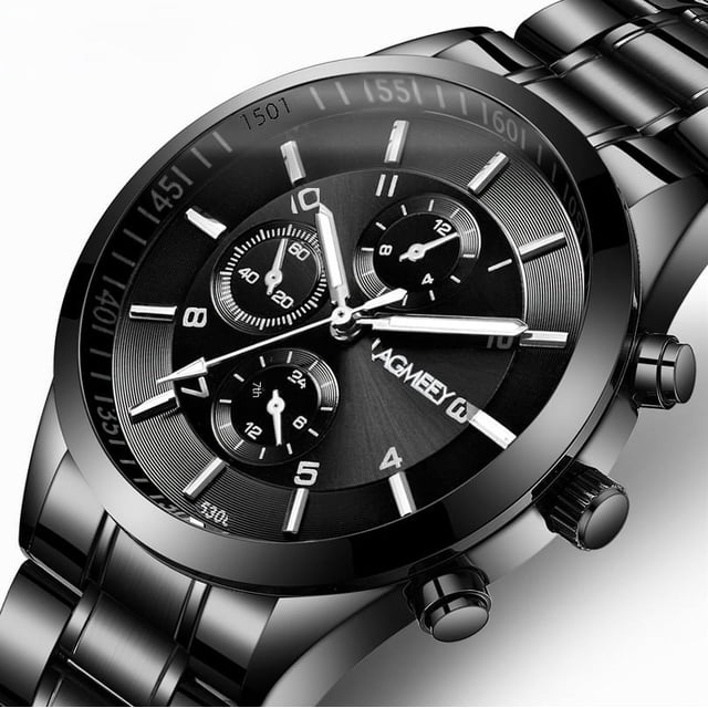Reloj deportivo ultrafino de acero dorado negro para hombre, luminoso, resistente al agua, con tres ojos, imitación de seis pines, color negro