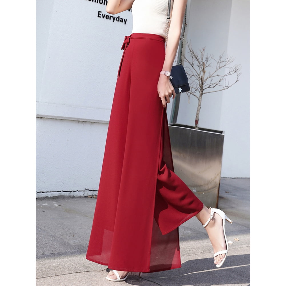 Tongliya 1 Pantalon Large en Mousseline de Polyester a Taille Haute pour Femmes Culottes a Fente Pantalons Drapes Pantalons Laches a Double Couche Big Red L Walmart