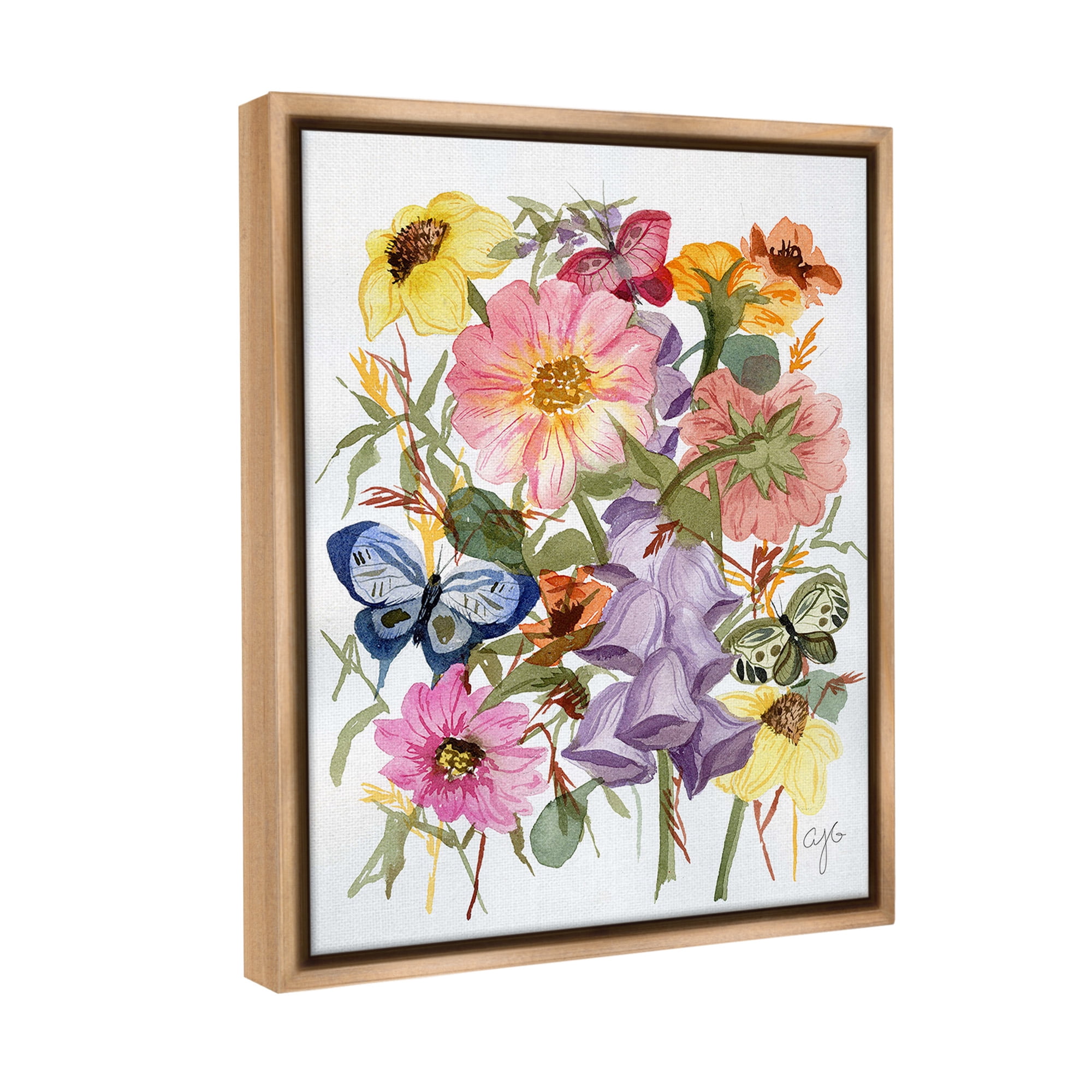 Stupell Industries Mixed Florals & Butterflies Botanical & Floral Painting Brown Floater Framed Canvas Art Print Wall Art, 25 x 31