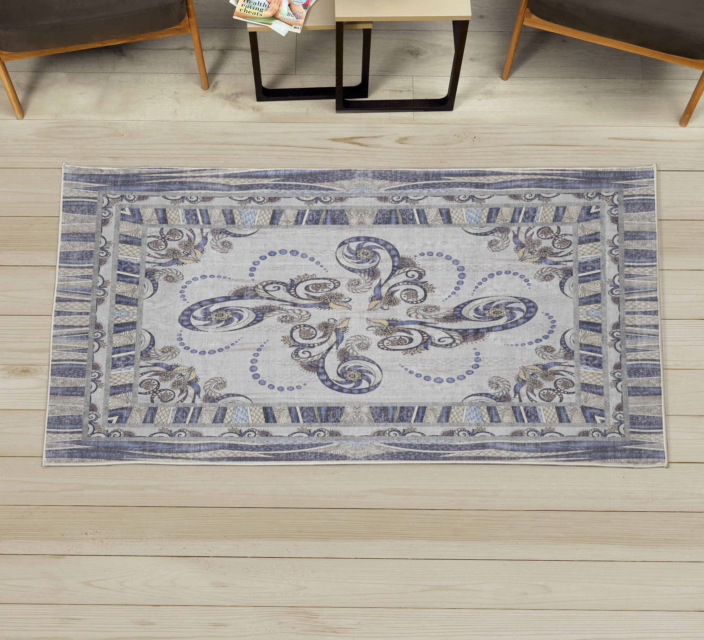 Deco Border Rugs Floral Decorative Rug, Abstract Curls of Botanical Design and Dots ...