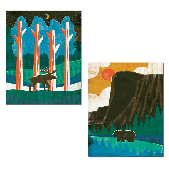 Brown Orange and Blue Moose and Bear Landscape Adult Lodge Decor; 2 - 11" x 14" Unframed Posters