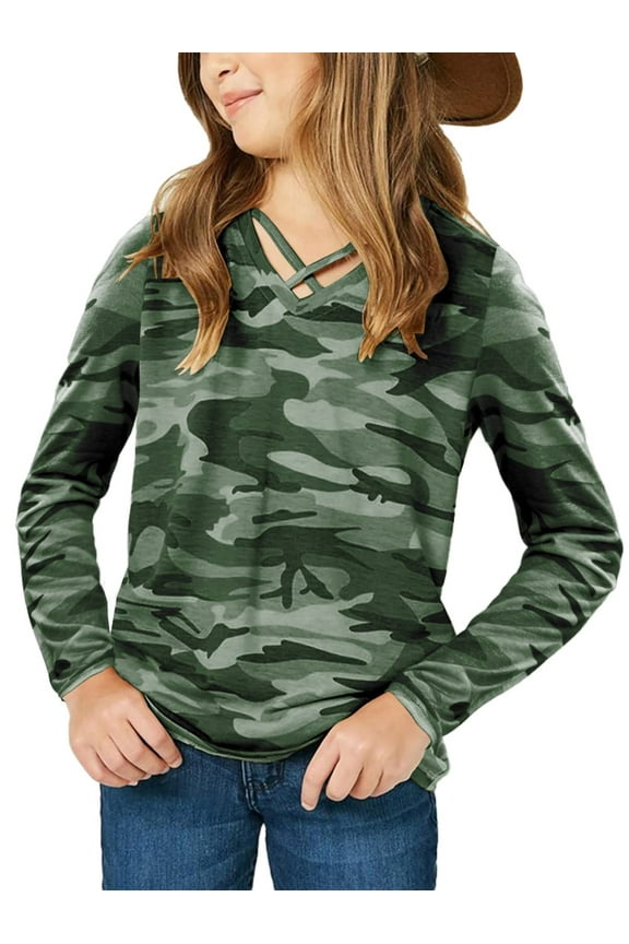 Kids Camouflage Stripe Long Sleeve Tops V Neck Criss Cross Tees Girls Casual Blouse4-15T