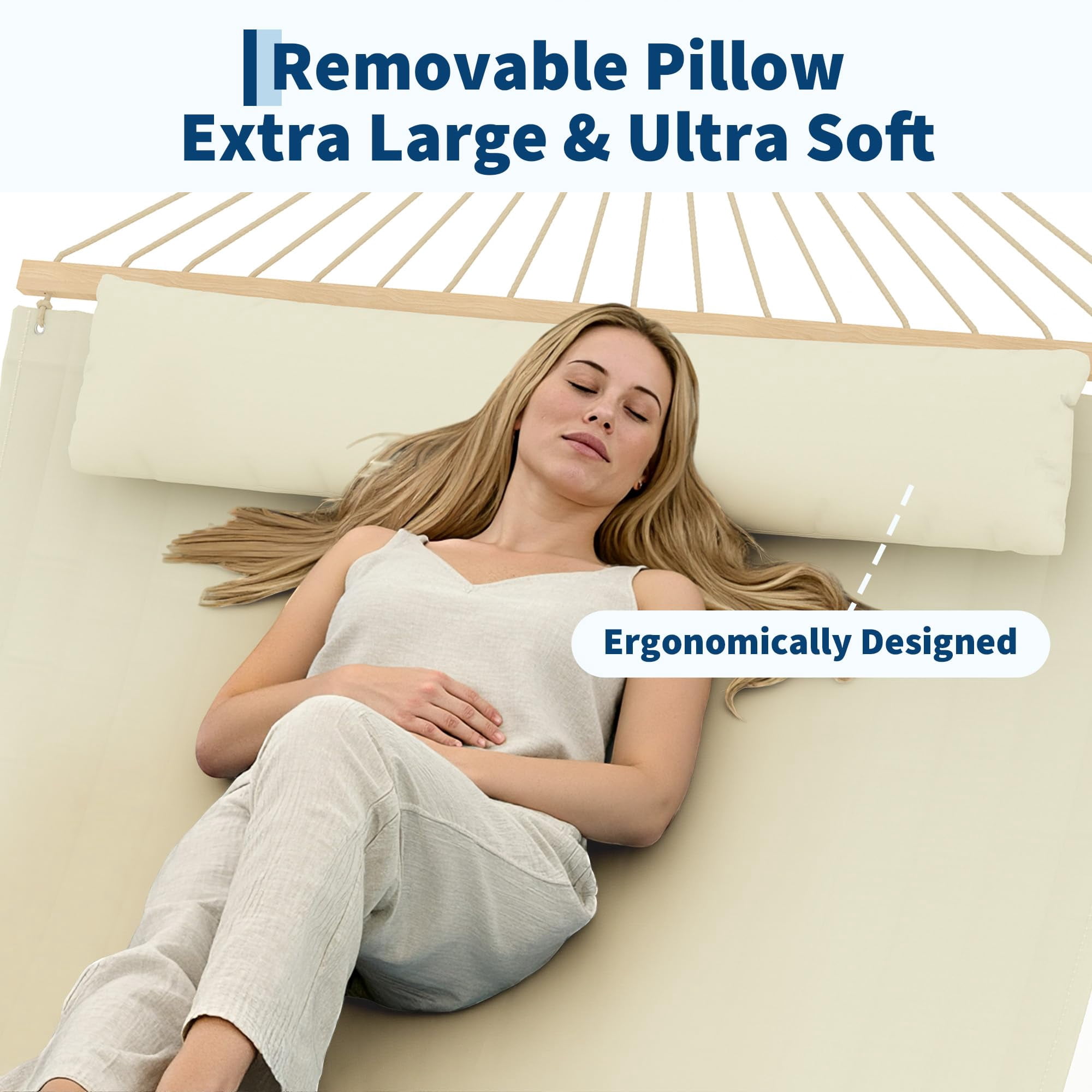 Large Quilted Fabric Hammock for 2 Person, Heavy Duty Hammock with Hardwood Spreader Bars, Detachable Pillow, Support up to 450 LBS, Weather-Resistant, for Patio, Backyard, Pool, Beige