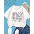 thumbnail image 1 of Happy Easter Graphic Tee for Girls - White Short Sleeve T-Shirt with Colorful Bunny and Flower Design, Casual Round Neck, Polyester, Breathable & Comfortable for Outdoor Activities, Summer Fashion fo, 1 of 6