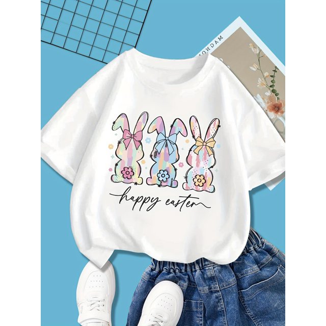 Happy Easter Graphic Tee for Girls - White Short Sleeve T-Shirt with Colorful Bunny and Flower Design, Casual Round Neck, Polyester, Breathable & Comfortable for Outdoor Activities, Summer Fashion fo