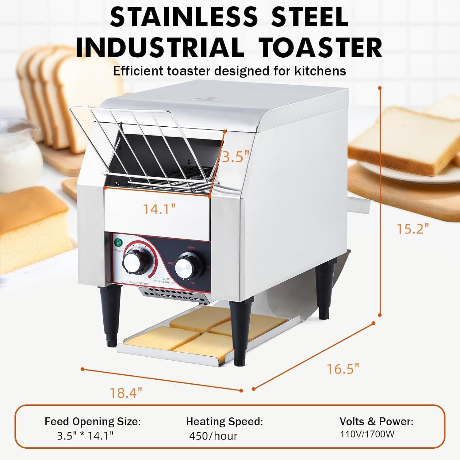 Towallmark 1700W Commercial Conveyor Toaster, 450 Slices/Hour, Heavy Duty Stainless Steel Electric Restaurant Toaster for Bread, Bagel, Bun, Fast Toasting