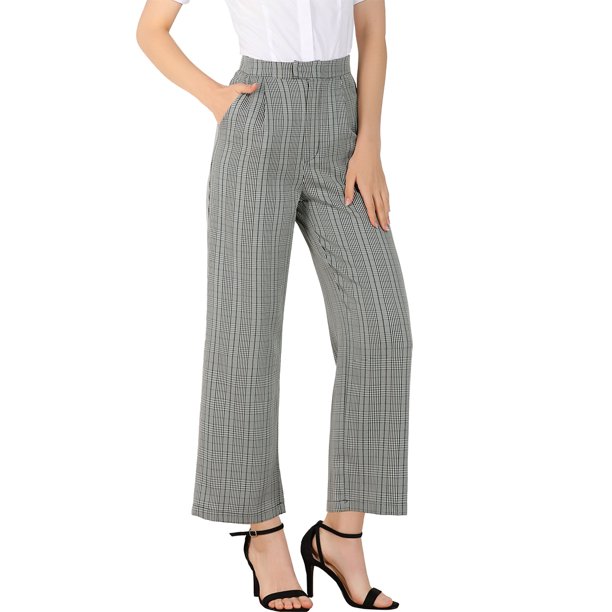 Allegra K Pantalones De Oficina A Cuadros De Pata De Gallo Pierna Anchacintura Alta Pantalón Tobillero Corto Para Mujer Gris XS
