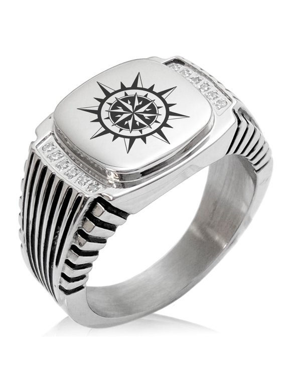 Stainless Steel Nautical Concentric Compass CZ Ribbed Needle Stripe Pattern Biker Style Polished Ring