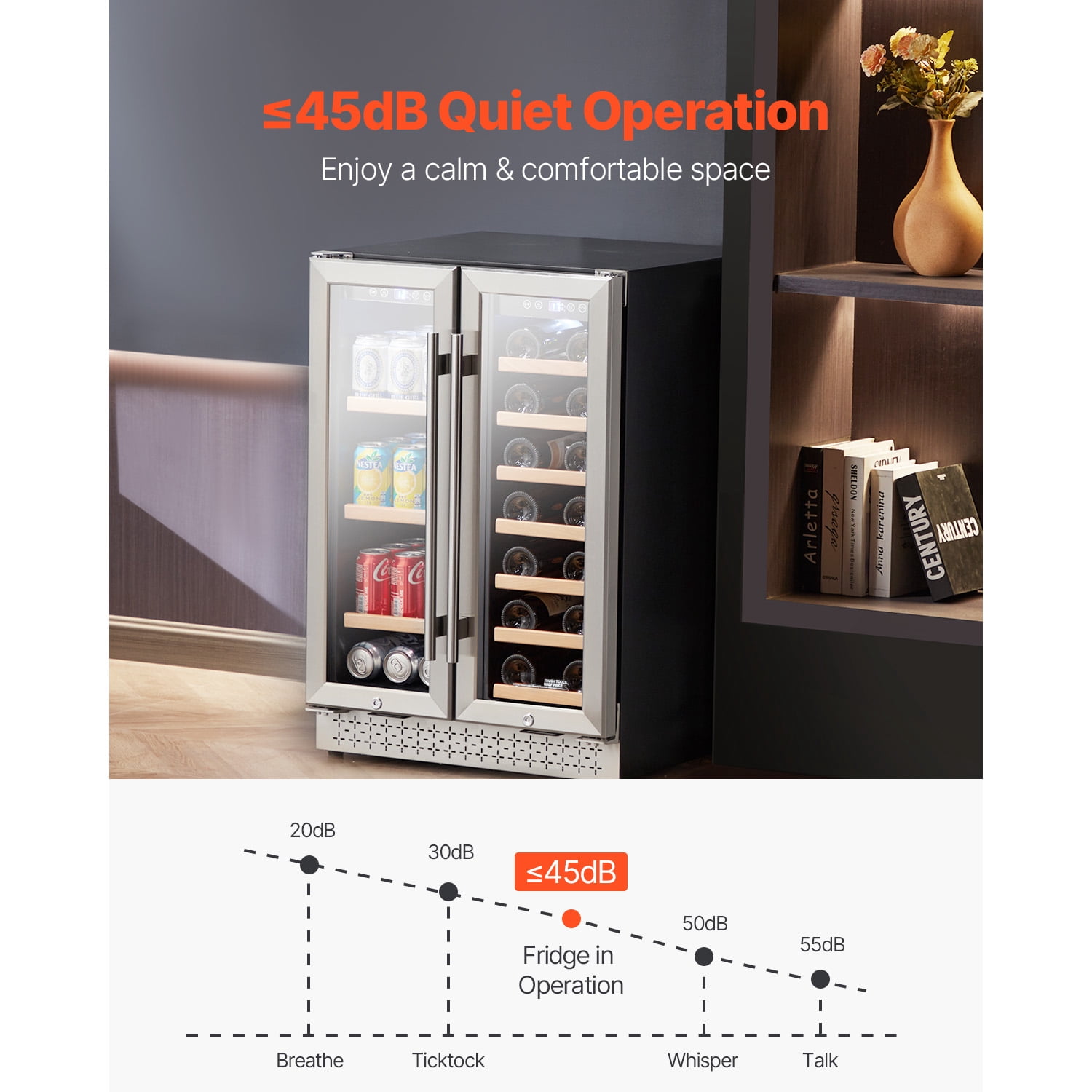 KFFKFF Wine and Drink Cooler, 24 inch Double Area Beverage Fridge, Integrated & Detachable Refrigerator with Transparent Doors, Modifiable Racks, Electronic Temp Regulation