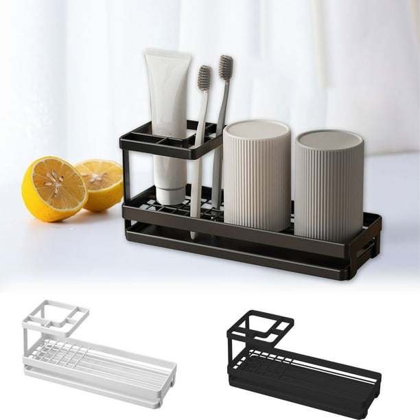 Soporte de cepillo de dientes y pasta de dientes de metal - Caja de encimera de baño de gran capacidad para artículos de higiene, blanca o negra