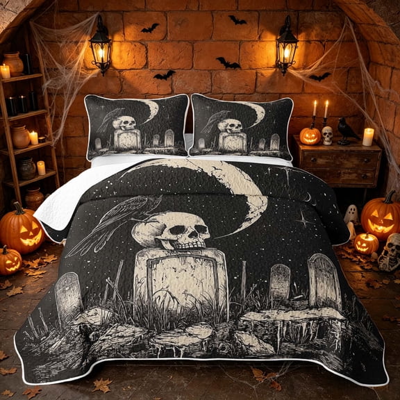 Erosebridal Happy Halloween Twin Quilt Set, Spooky Skull Twin Coverlet Set for Boys Girls, Black Cream, 2pcs 1 Bedspread and 1 Pillowcase