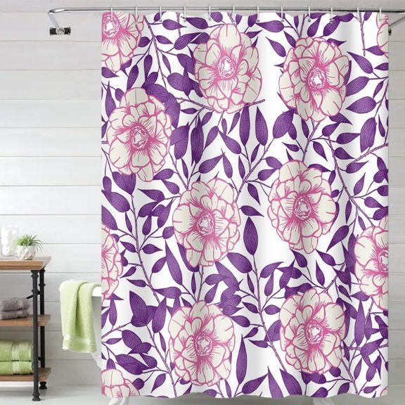 Purple Floral Shower Curtain Chic Flowers Botanical Pastoral Printed Shower Curtains for Modern Aesthetic Bathroom Bathtubs Decor Washable Durable Polyester Fabric 72x72 Inch with Hooks