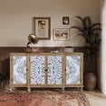 thumbnail image 4 of Lisonu 63" Distressed 4-Door Accent Cabinet with Hollow-Carved Doors, Fir Wood & MDF Storage Cupboard, Adjustable Shelves for Entryway, Dining Room, Natural Wood, 4 of 25