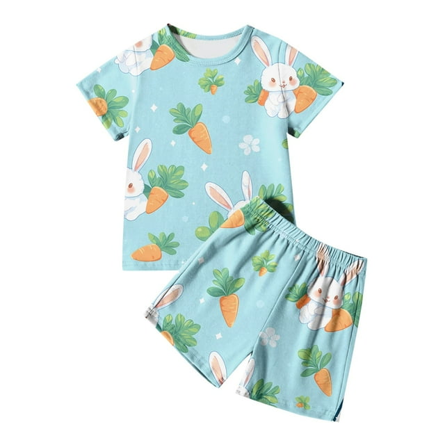 Ensemble de Pyjamas de Pâques pour Filles Ensemble de Pyjamas à Manches Courtes avec Imprimé de Dessin Animé d'Œufs de Pâques et Col Rond, Shorts, Pyjamas pour Enfants