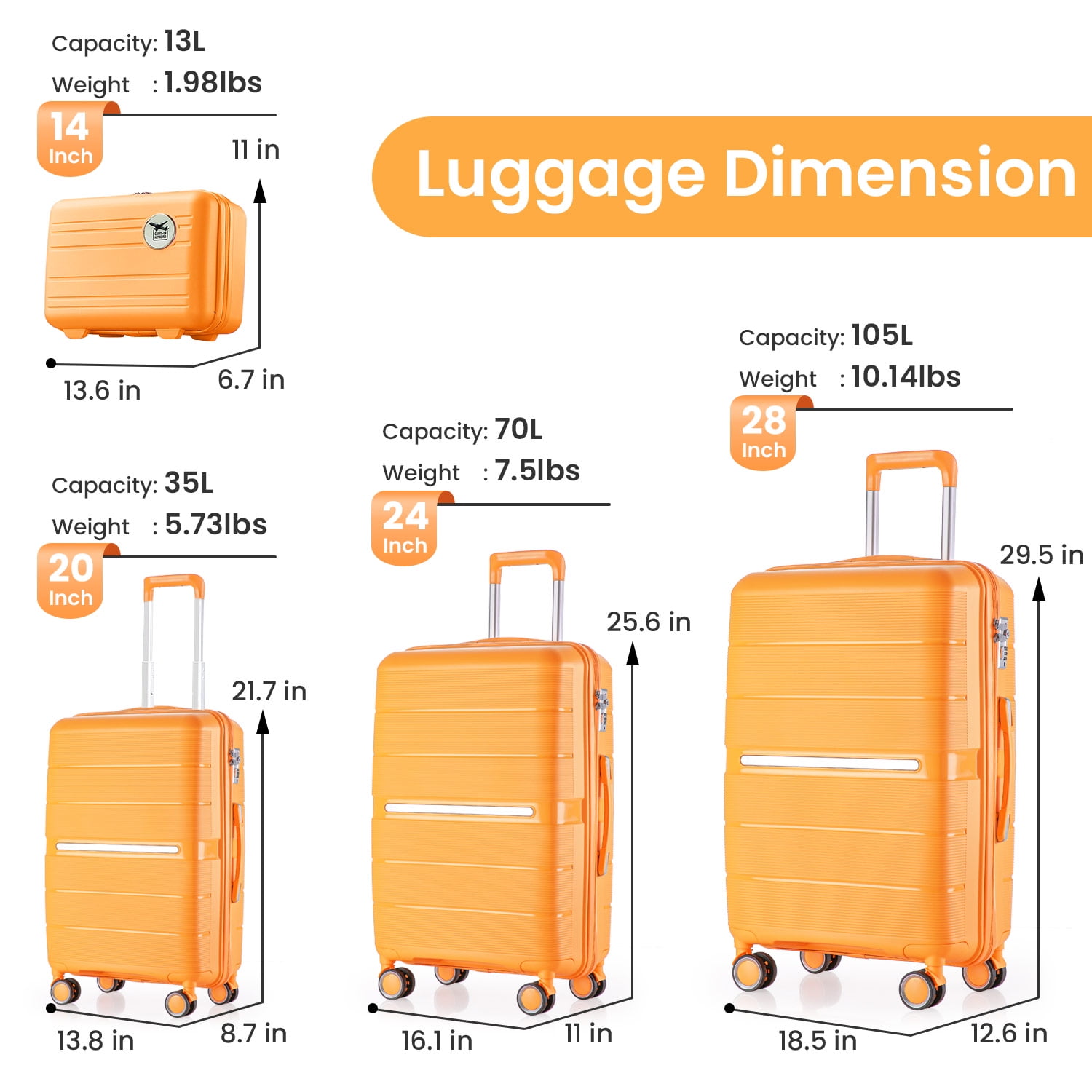 4 Piece PP Hard Shell Luggage Sets,Lightweight& Durable Suitcase with TSA Lock,Airline Certified Carry-on Luggage(14/20/24/28in),Orange