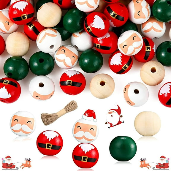 Yoyauz 120 Pieces 0.78 Inch Wooden Bead Christmas Wood Beads Natural Wood Beads Craft Wood Round Beads with 21.8 Feet Twine for Xmas Valentine's Day Saint Patrick's Day Party Decor