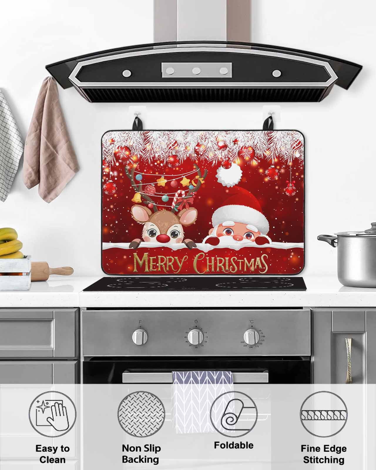 Large Induction Cooktop Protector Mat Red Christmas Stove Top Covers for Electric Stove, Santa Claus Deer Snowflake Pine Branches Ball Decorative Stove Burner Cover Mats, Glass Top Stove Cover