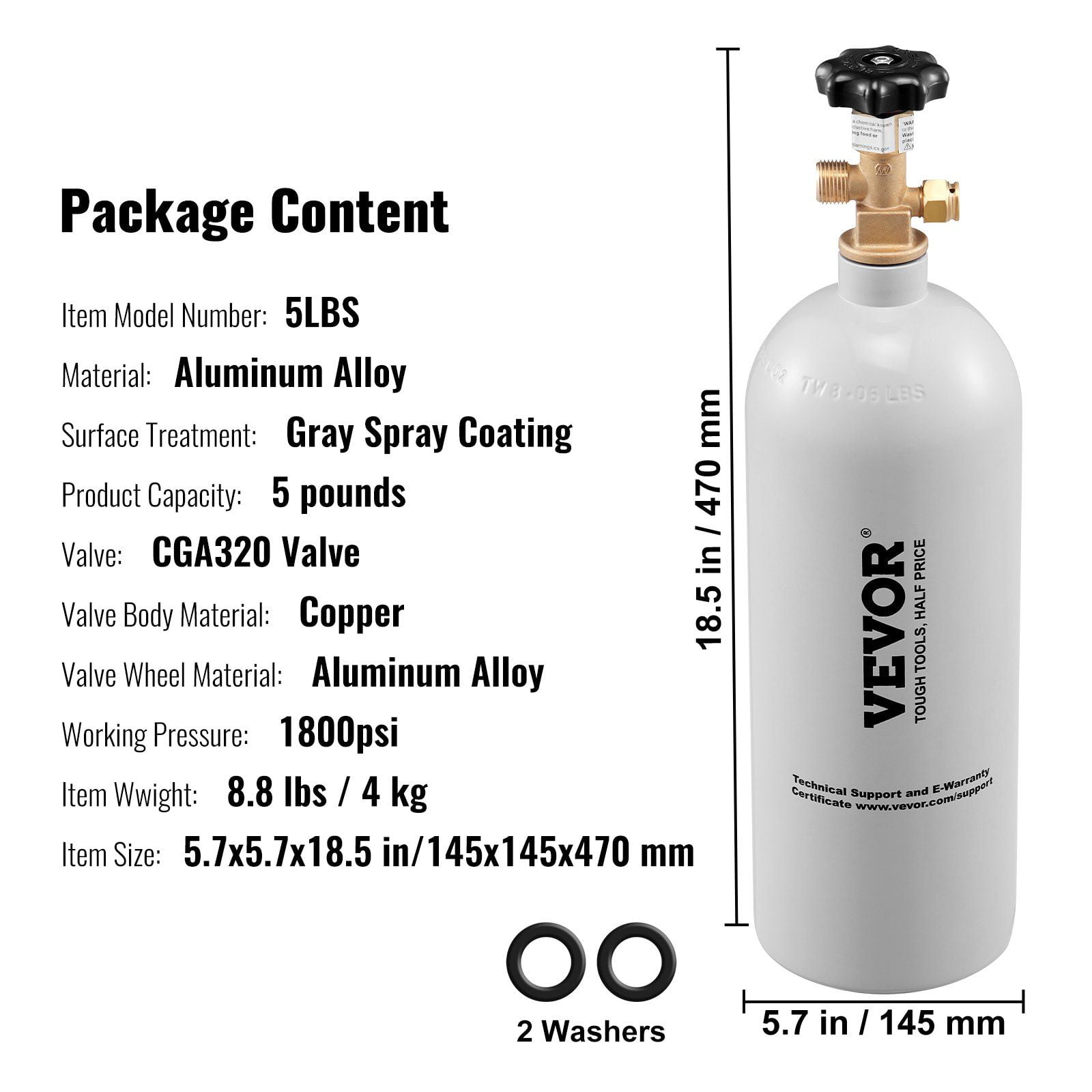 5 Lbs CO2 Tank Aluminum Gas Cylinder, Brand New CO2 Cylinder with Gray Spray Coating, CO2 Tank with CGA320 Valve, For Draft Soda Beer