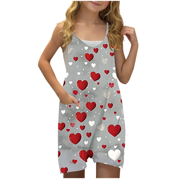 FAHXNVB Girls Summer Romper Hearts Print Sleeveless V Neck Jumpsuit Short Outfits with Pocket One Piece Casual Clothes 5-14 Years