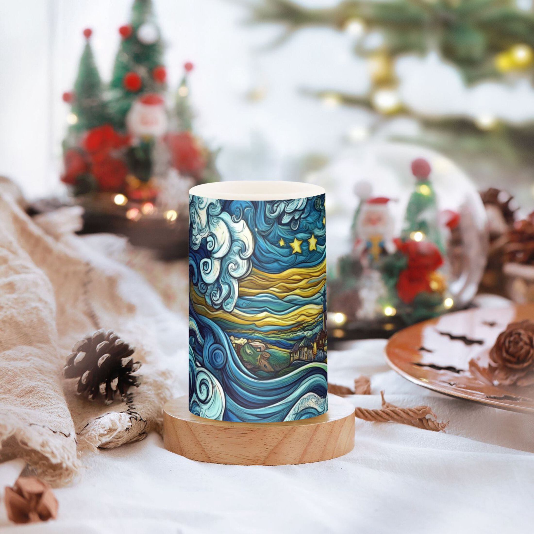 Swirling Waves and Stars Flickering Flameless Candles Battery Operated with Remote Timer LED Pillar Candles Set of 2