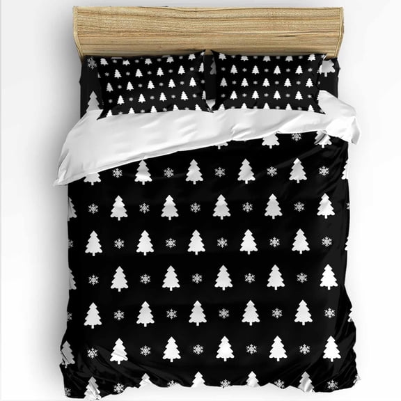 Christmas Tree King Size Comforter Set, Black Christmas Snowflake Winter Xmas Soft Bedding for All Seasons, 4 Pcs Bed Set with 1Comforter (90"x106") ,1 Sheet(94"x116"), 2 Pillowcases (19"x35")