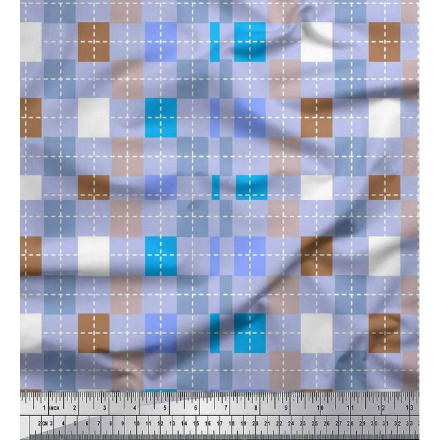 Soimoi Japan Crepe Satin Fabric Geometric Check Print Sewing Fabric Yard 42 Inch Wide