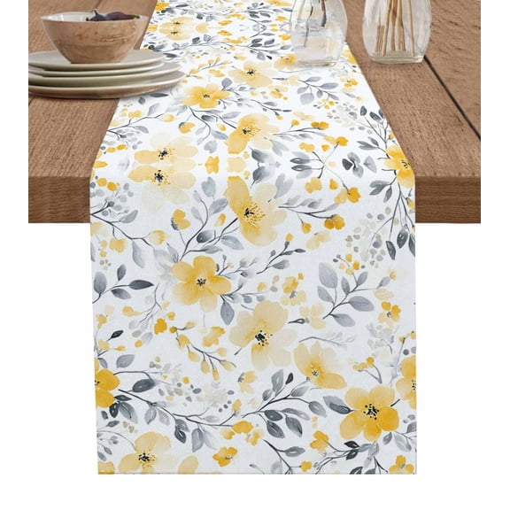 Yellow Floral Spring Table Runner 72 Inches, Pastoral Gray Botanical Summer Bed Runner Dresser Scarves Tabletop for Indoor Outdoor Parties/Ceremony/Banquet, 16" x 72"