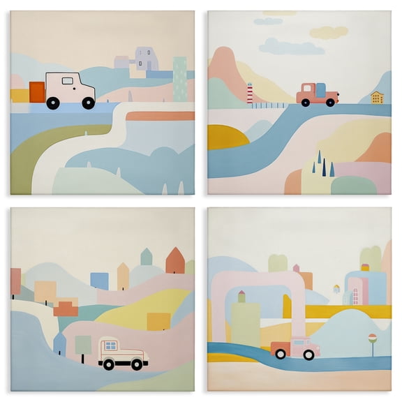 Stupell Industries Pastel Whimsical Landscapes Transportation Painting Wrapped Canvas Art Print Wall Art, 17 x 17, Set of 4