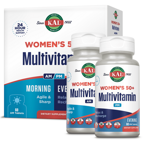 KAL Plus 2-in-1 Multivitamin for Women 50 , AM/PM Vitamin B and D, Biotin, Ginkgo Biloba, Bone Strength and Immune Support, Made Without GMOs and Soy, Vegan, 30 Servings, 120 Tablets